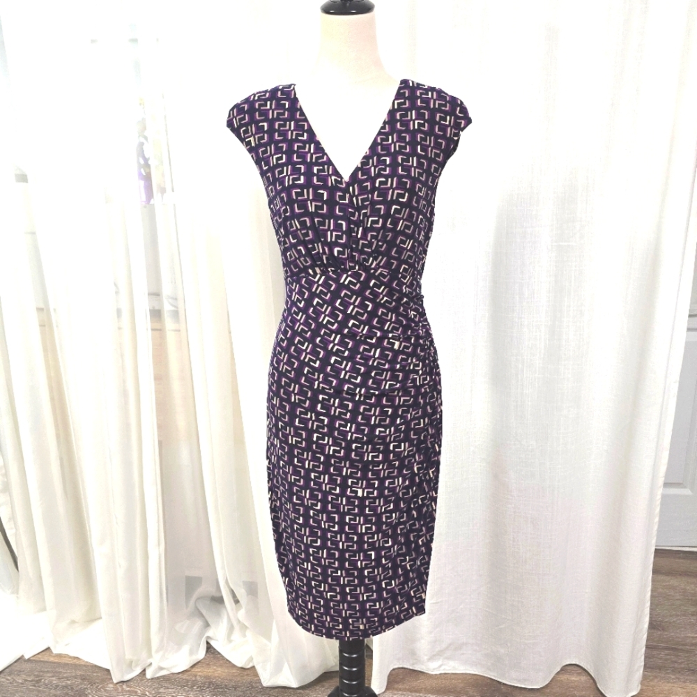 Lauren Ralph Lauren Y2K Purple Geometric Print Sheath Faux‎ Wrap Dress Size 12